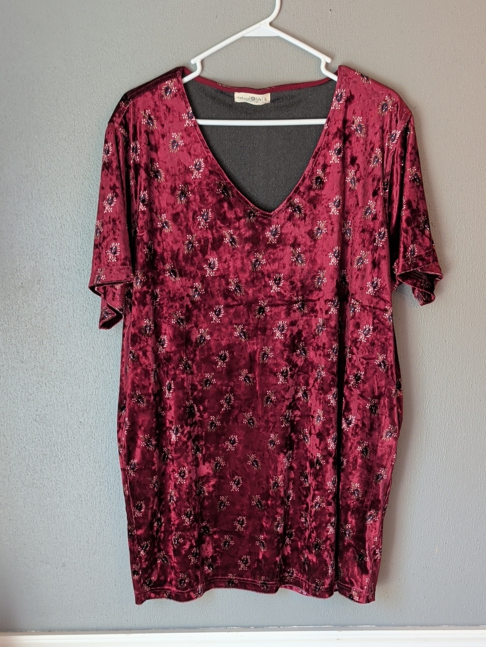 NATURAL LIFE Wine Red Velor Mini Dress with Floral Design L